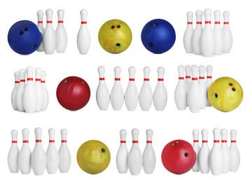 Set of bowling balls and pins on white background