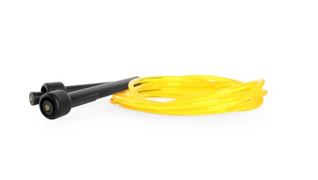 Photo of Yellow skipping rope with black handles isolated on white