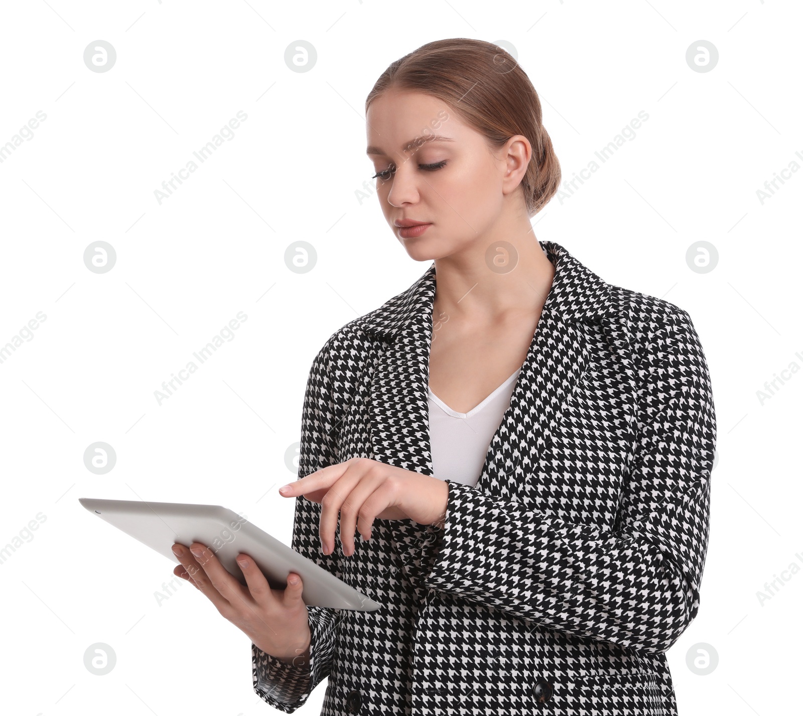 Photo of Young businesswoman with tablet on white background