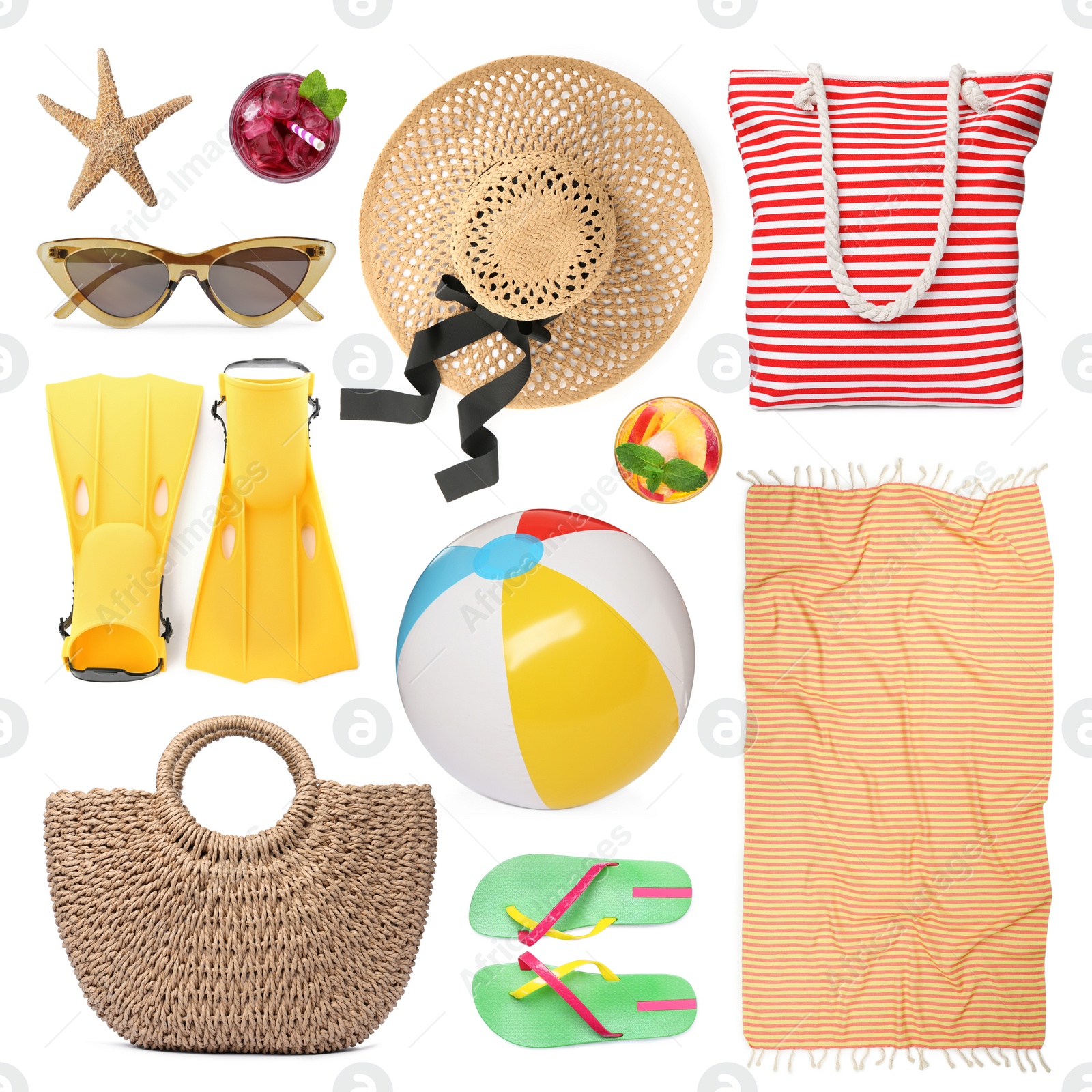 Image of Set with towel and other beach accessories on white background