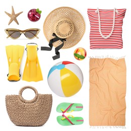 Image of Set with towel and other beach accessories on white background