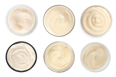 Image of Set with tasty mayonnaise on white background, top view