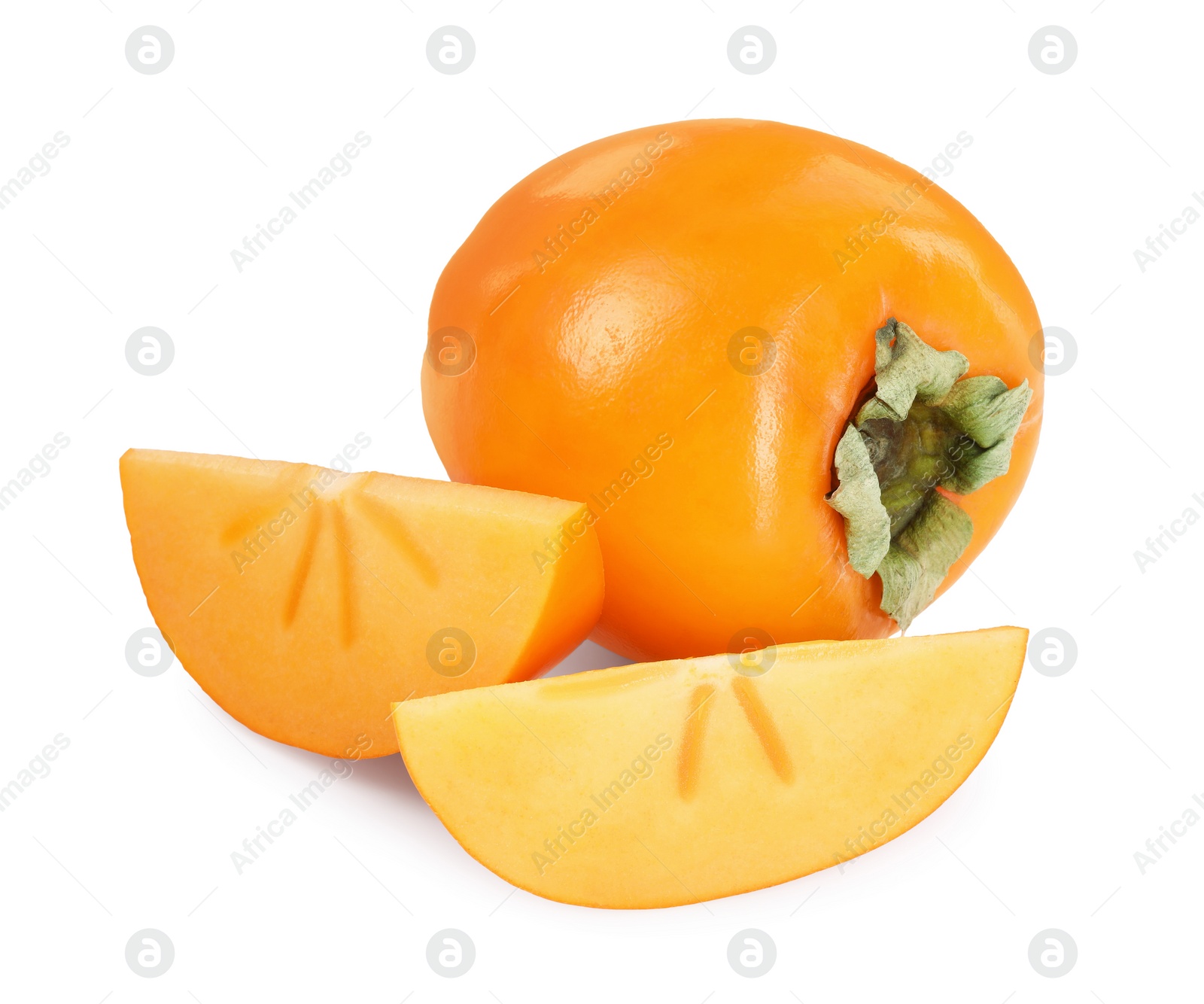 Photo of Whole and cut persimmon fruits isolated on white