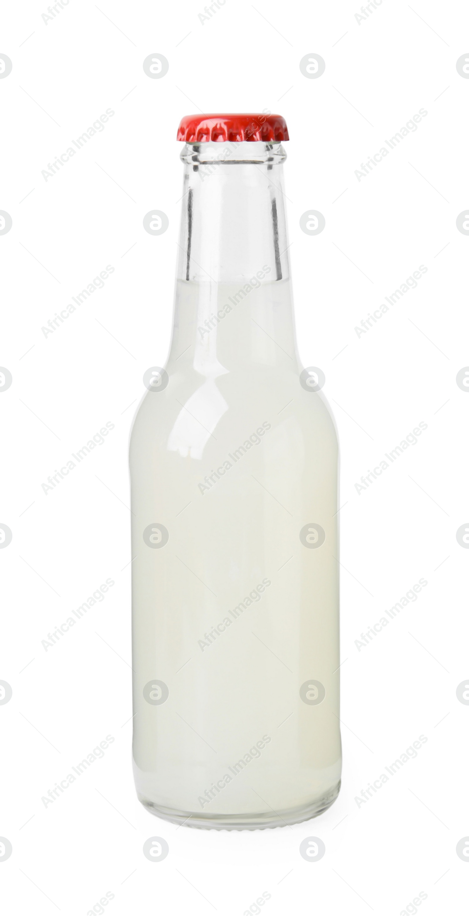 Photo of Delicious kombucha in glass bottle isolated on white