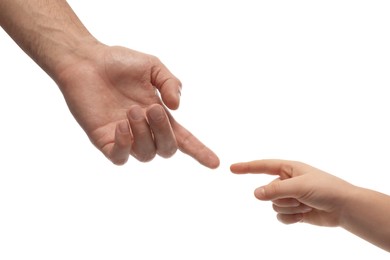 Man with child on white background, closeup