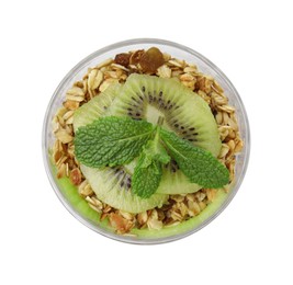 Photo of Delicious dessert with kiwi and muesli isolated on white, top view