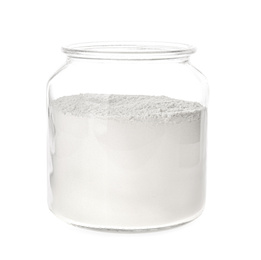 Photo of Organic flour in glass jar isolated on white