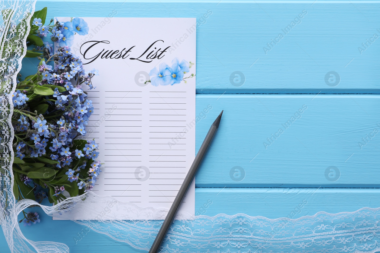 Photo of Guest list, pencil, lace ribbon and flowers on light blue wooden table, flat lay. Space for text