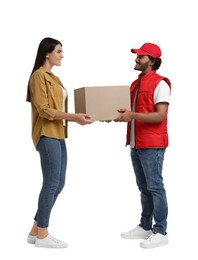 Smiling courier giving parcel to receiver on white background