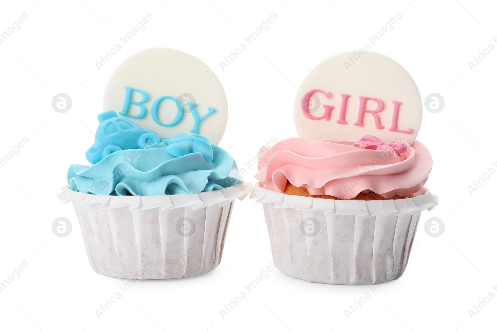 Photo of Baby shower cupcakes with Boy and Girl toppers on white background