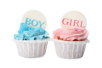 Baby shower cupcakes with Boy and Girl toppers on white background