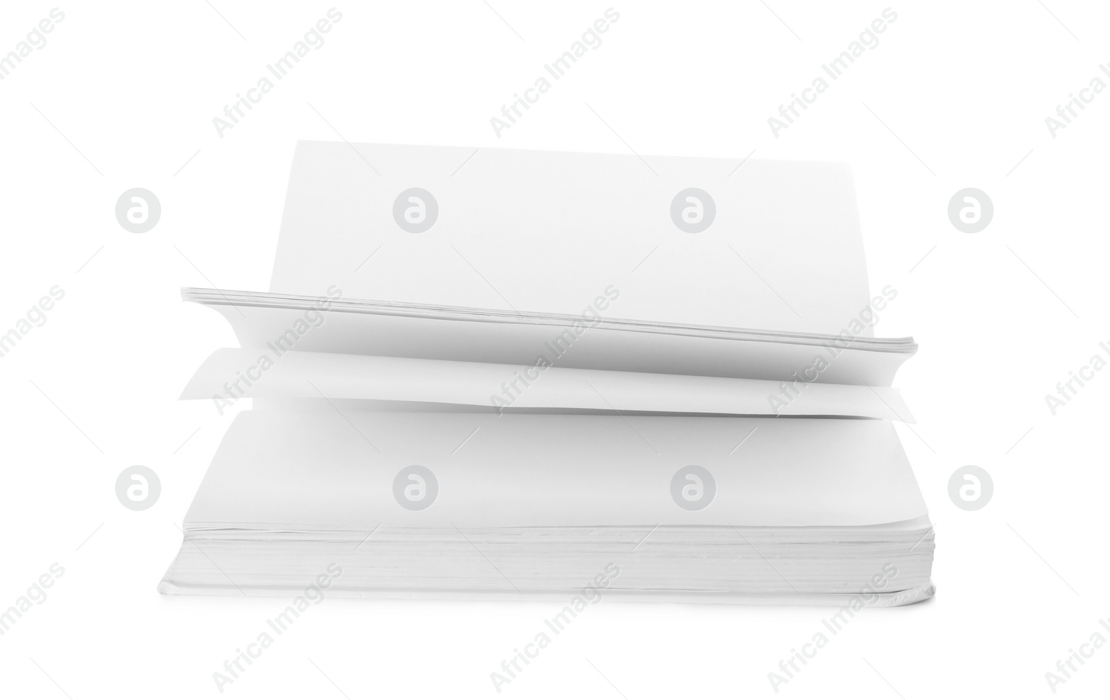 Photo of Open hardcover book with blank pages on white background