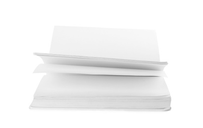 Photo of Open hardcover book with blank pages on white background