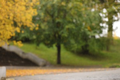 Photo of Blurred view of autumn park on rainy day