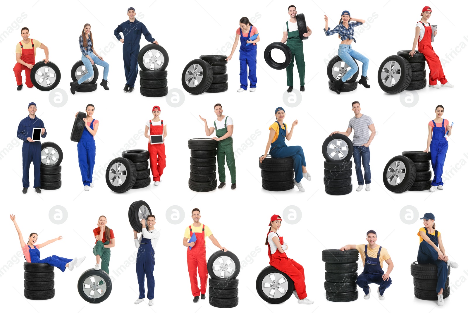 Image of Collage with photos of young mechanics and tires on white background. Auto store 