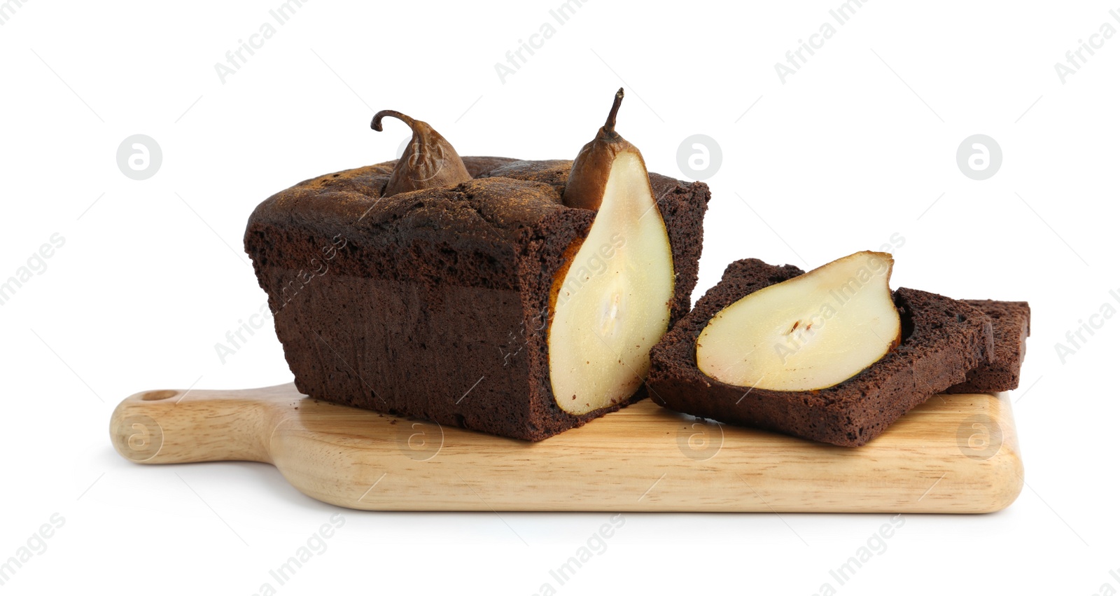 Photo of Tasty pear bread isolated on white. Homemade cake