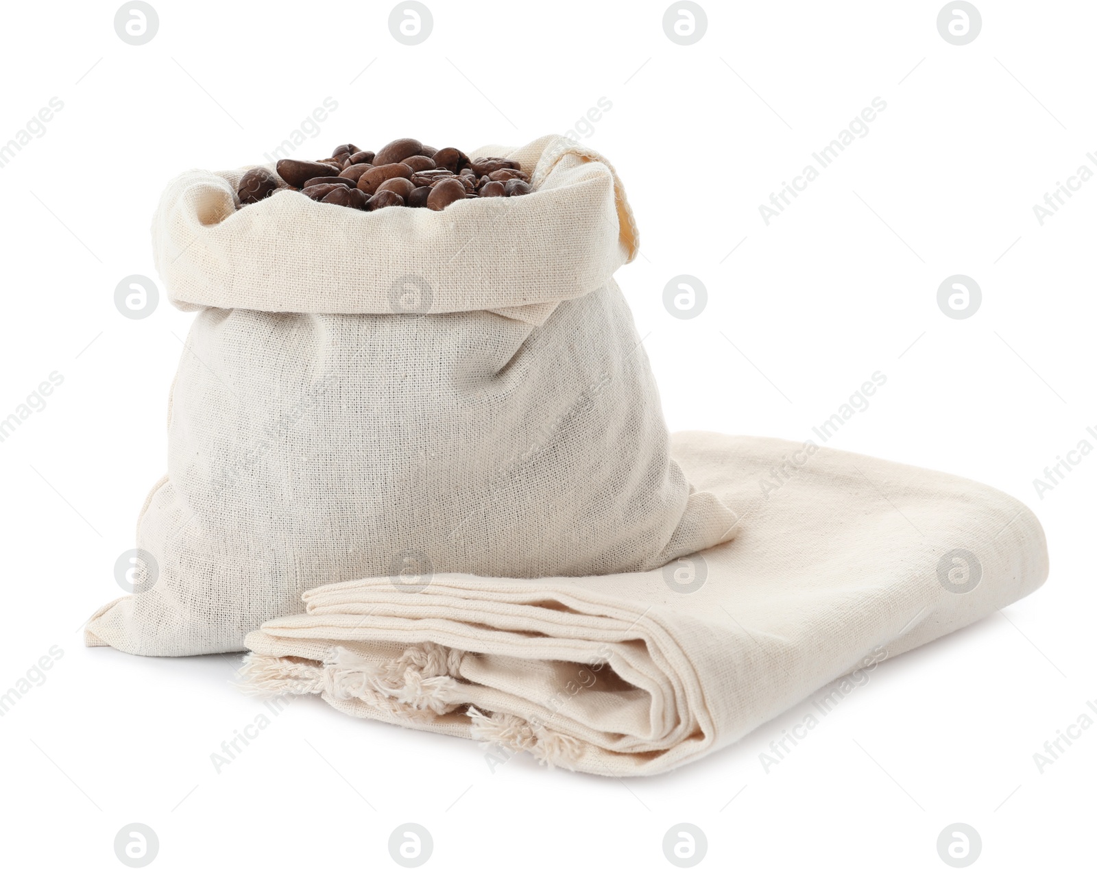 Photo of Cotton eco bag with coffee beans and empty one on white background