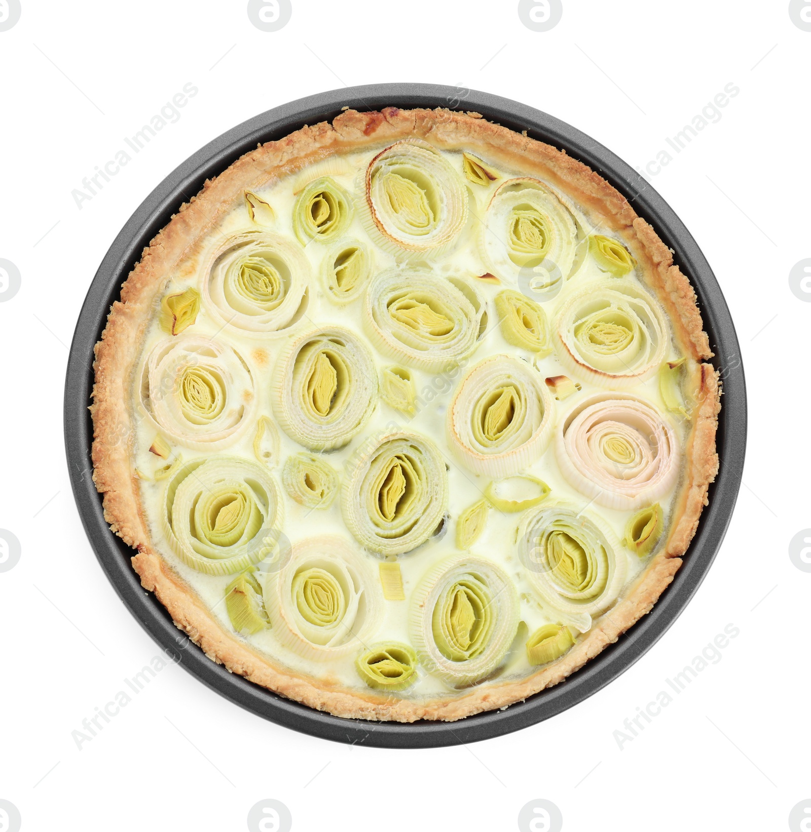 Photo of One tasty leek pie isolated on white, top view