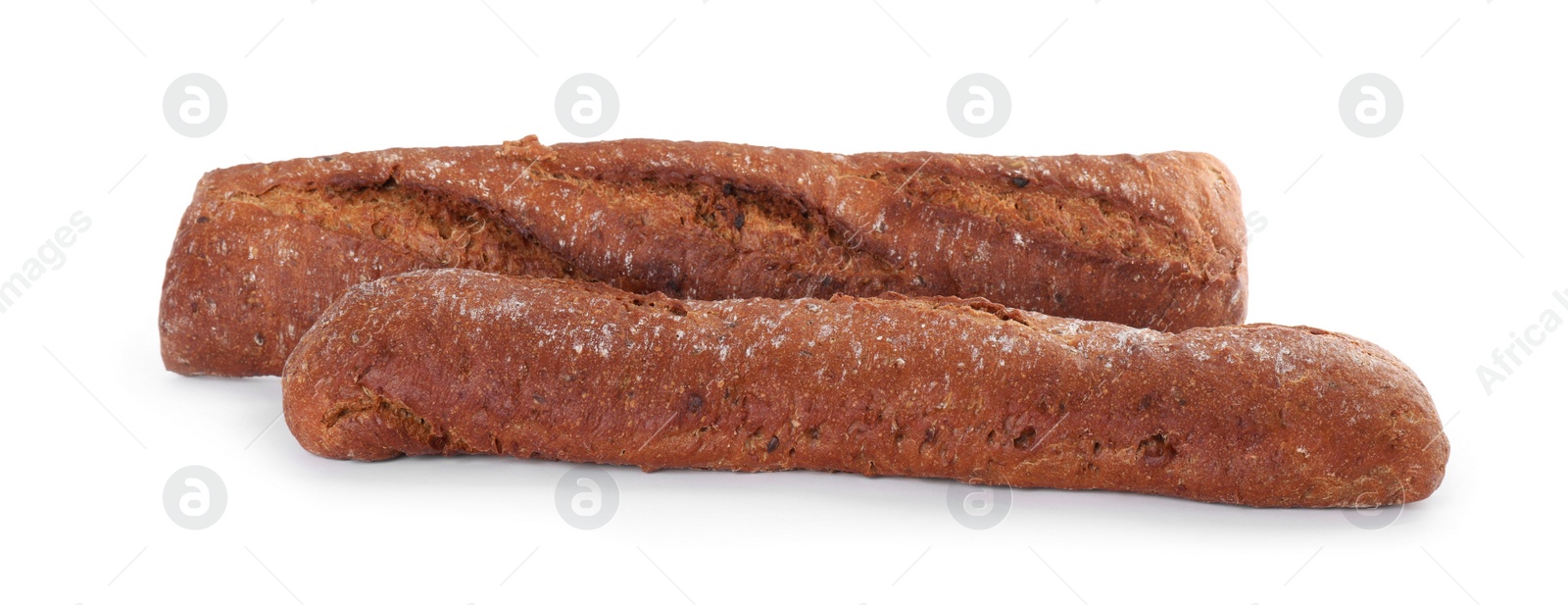 Photo of Tasty rye baguettes on white background. Fresh bread