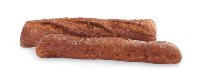 Photo of Tasty rye baguettes on white background. Fresh bread