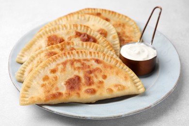 Delicious fried chebureki with cheese and sauce on light grey table