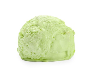 Photo of Scoop of delicious pistachio ice cream on white background