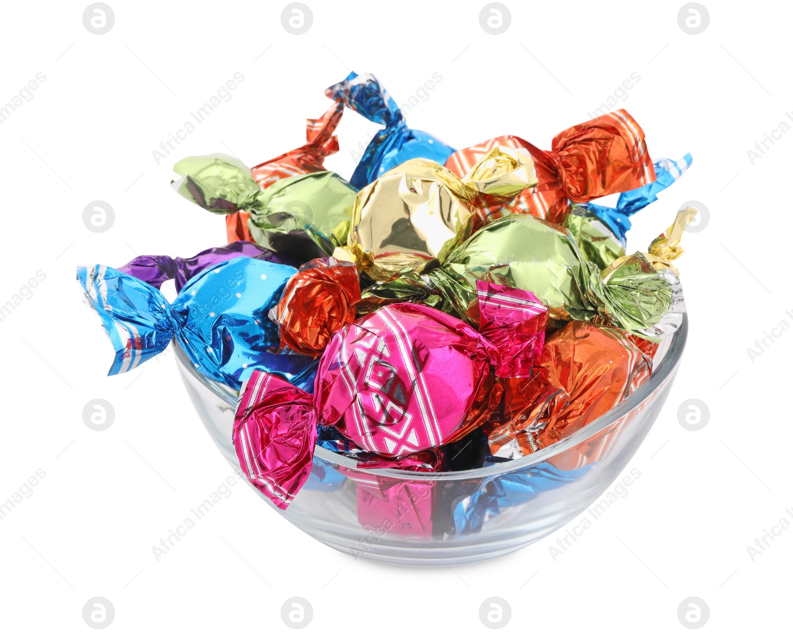 Photo of Bowl with sweet candies in colorful wrappers on white background