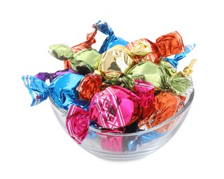 Photo of Bowl with sweet candies in colorful wrappers on white background