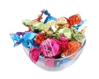 Bowl with sweet candies in colorful wrappers on white background