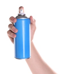 Photo of Man with can of spray paint on white background, closeup