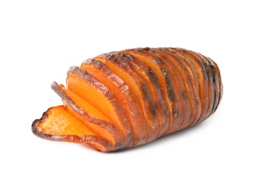 Photo of Delicious baked sweet potato on white background