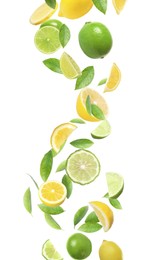 Image of Fresh juicy citrus fruits and green leaves falling on white background