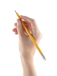 Photo of Woman with graphite pencil on white background, closeup