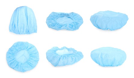 Image of Set with waterproof shower caps on white background