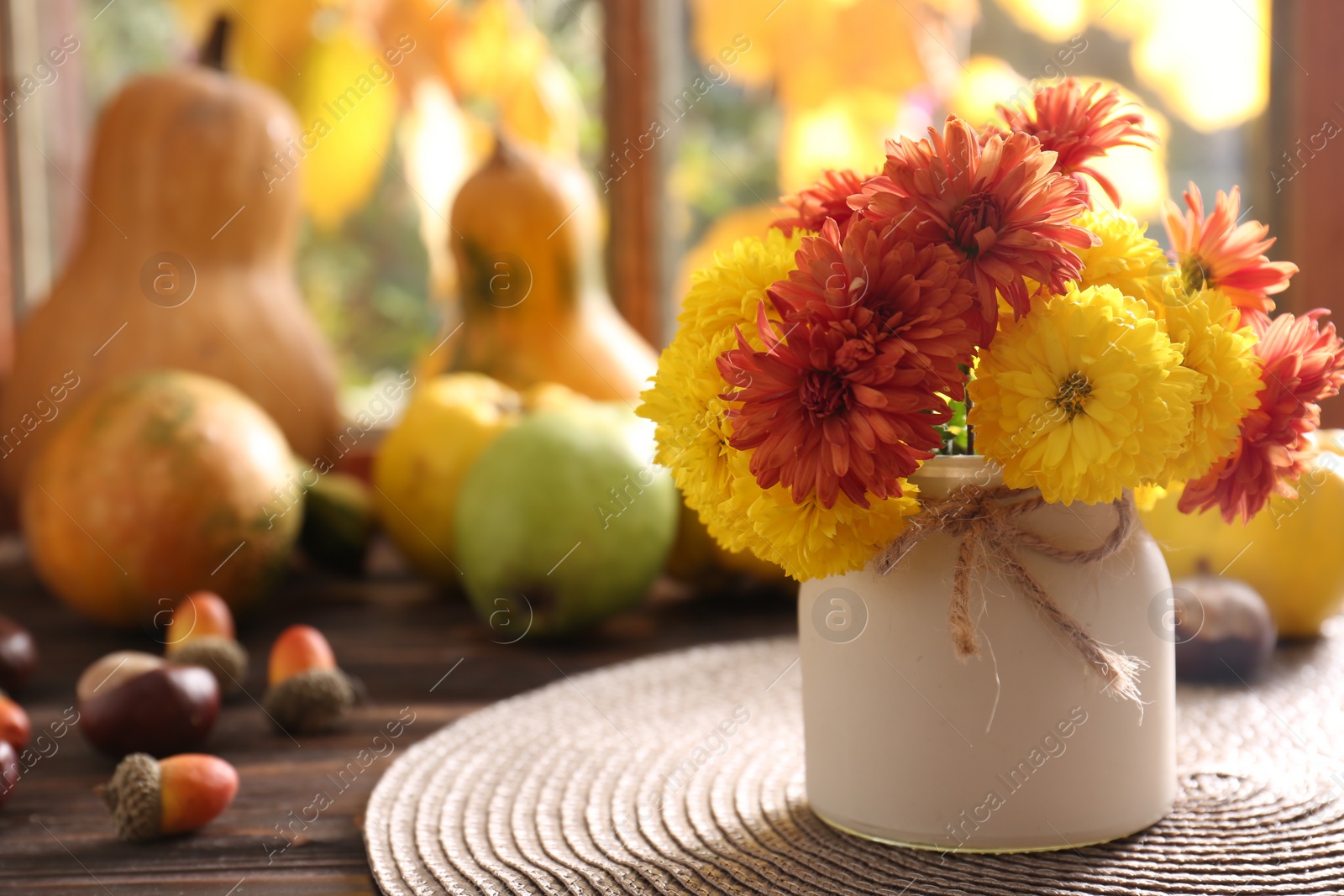 Photo of Beautiful chrysanthemum flowers in vase on wooden table indoors, space for text. Autumn still life