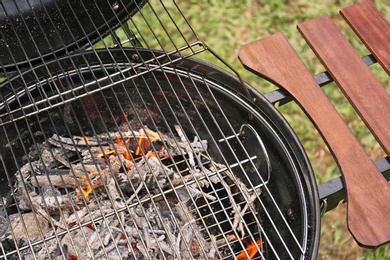 New modern barbecue grill outdoors, closeup. Summer picnic