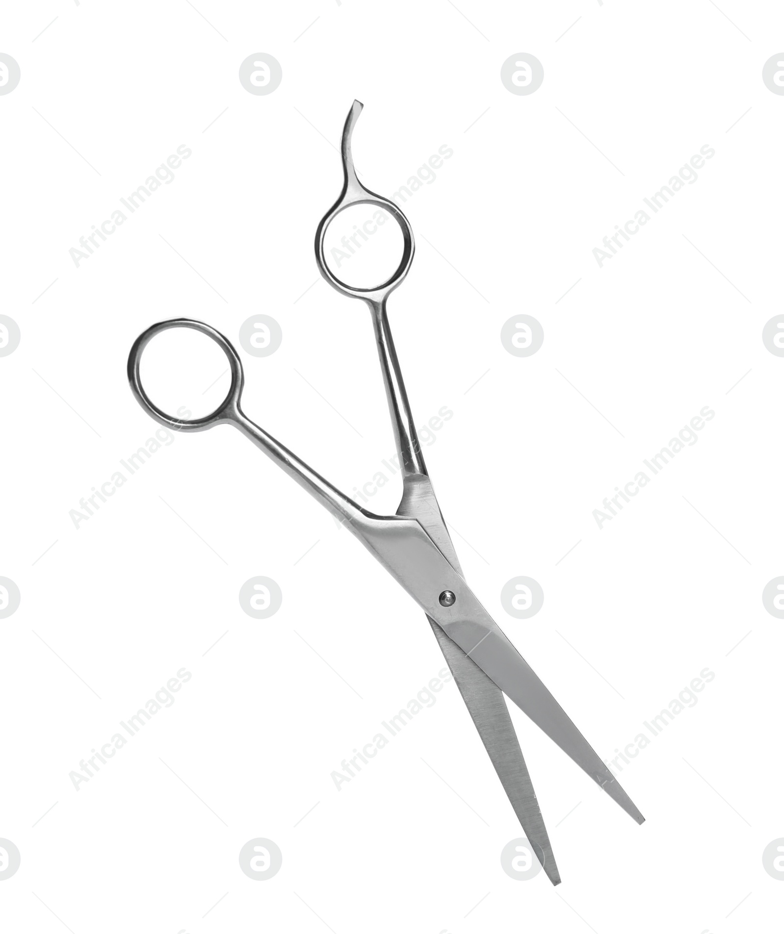 Photo of Pair of sharp hairdresser's scissors on white background