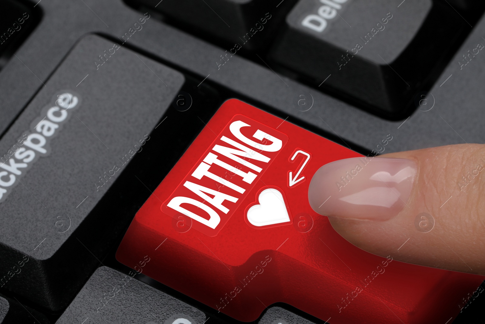 Image of Woman pressing button with word Dating on computer keyboard, closeup