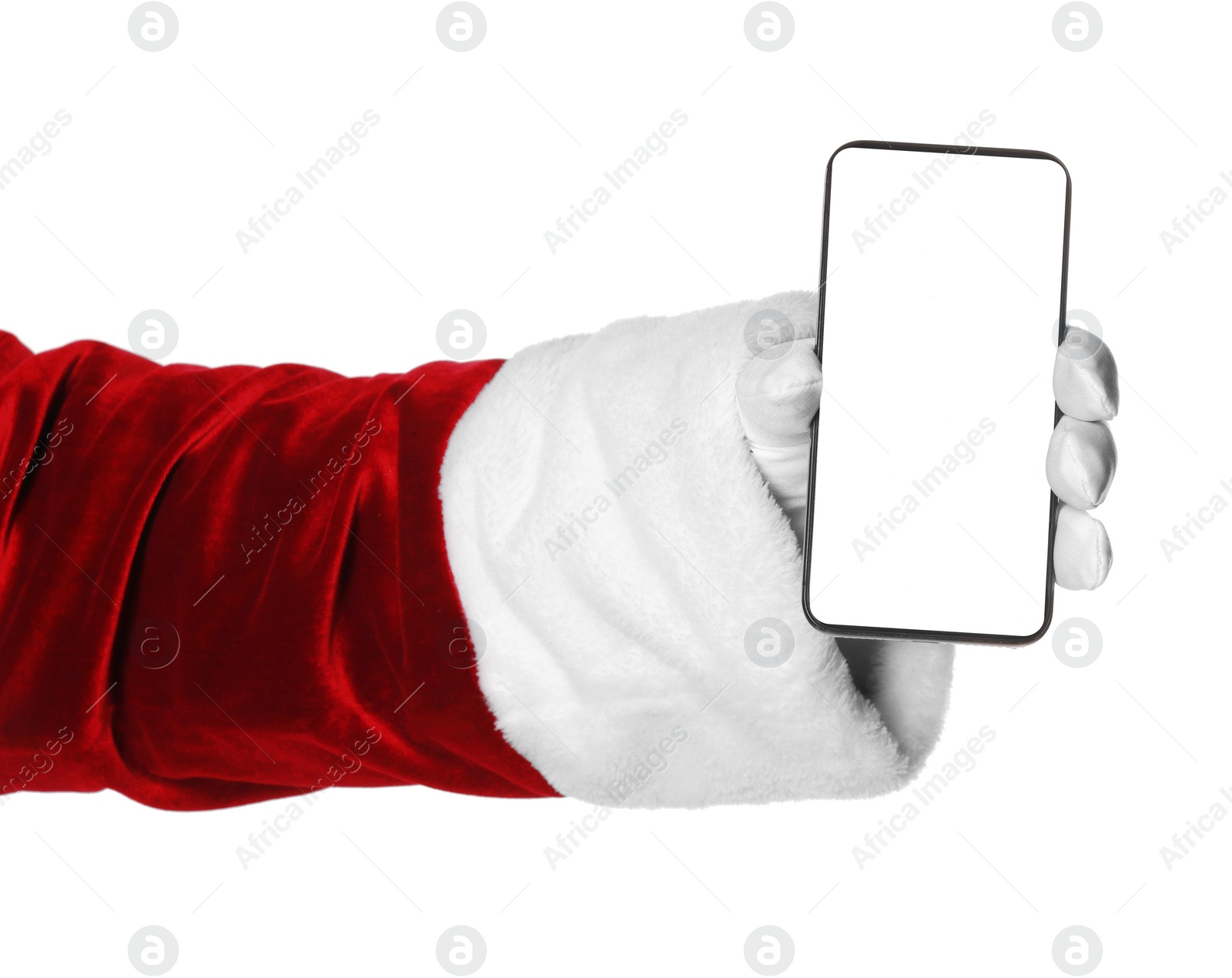 Photo of Merry Christmas. Santa Claus showing smartphone on white background, closeup