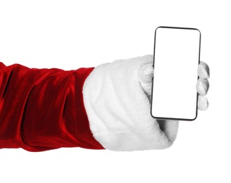 Photo of Merry Christmas. Santa Claus showing smartphone on white background, closeup