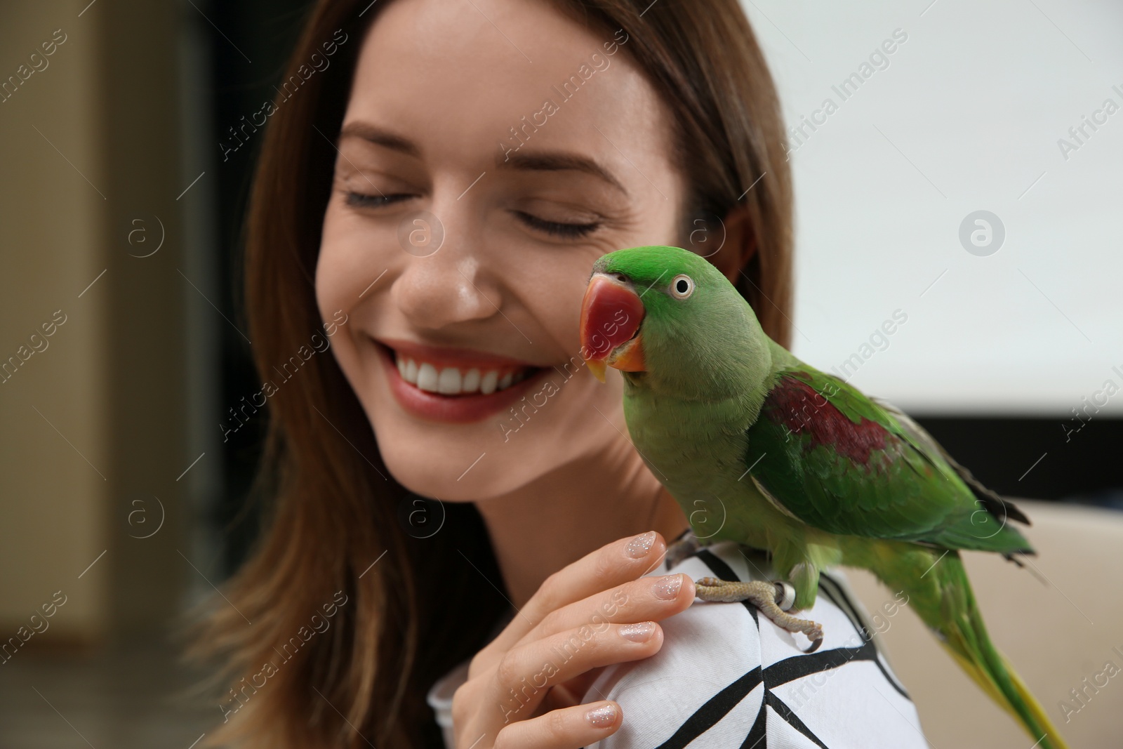 Photo of Young woman with cute Alexandrine parakeet indoors