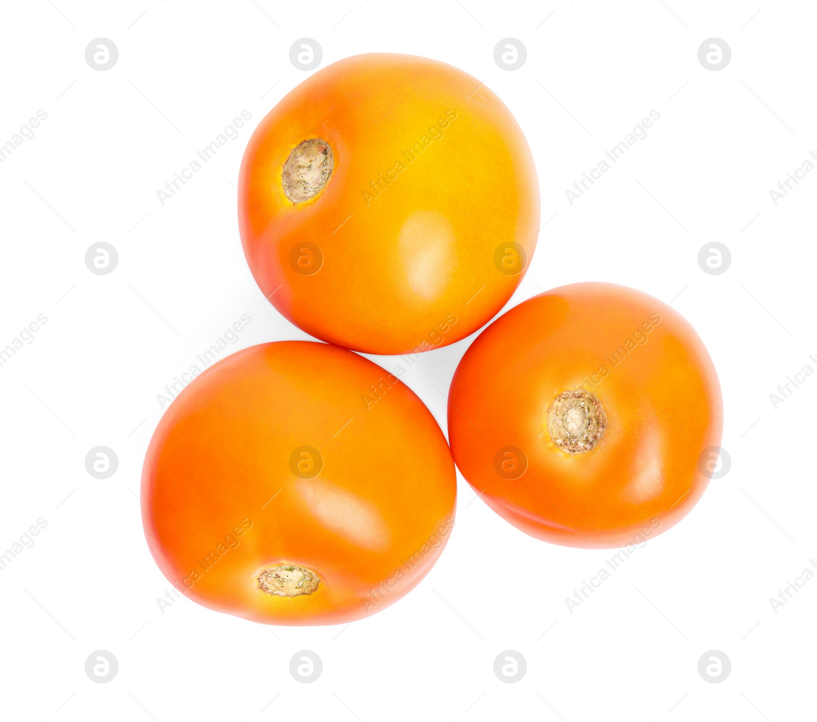 Photo of Fresh ripe yellow tomatoes on white background, top view
