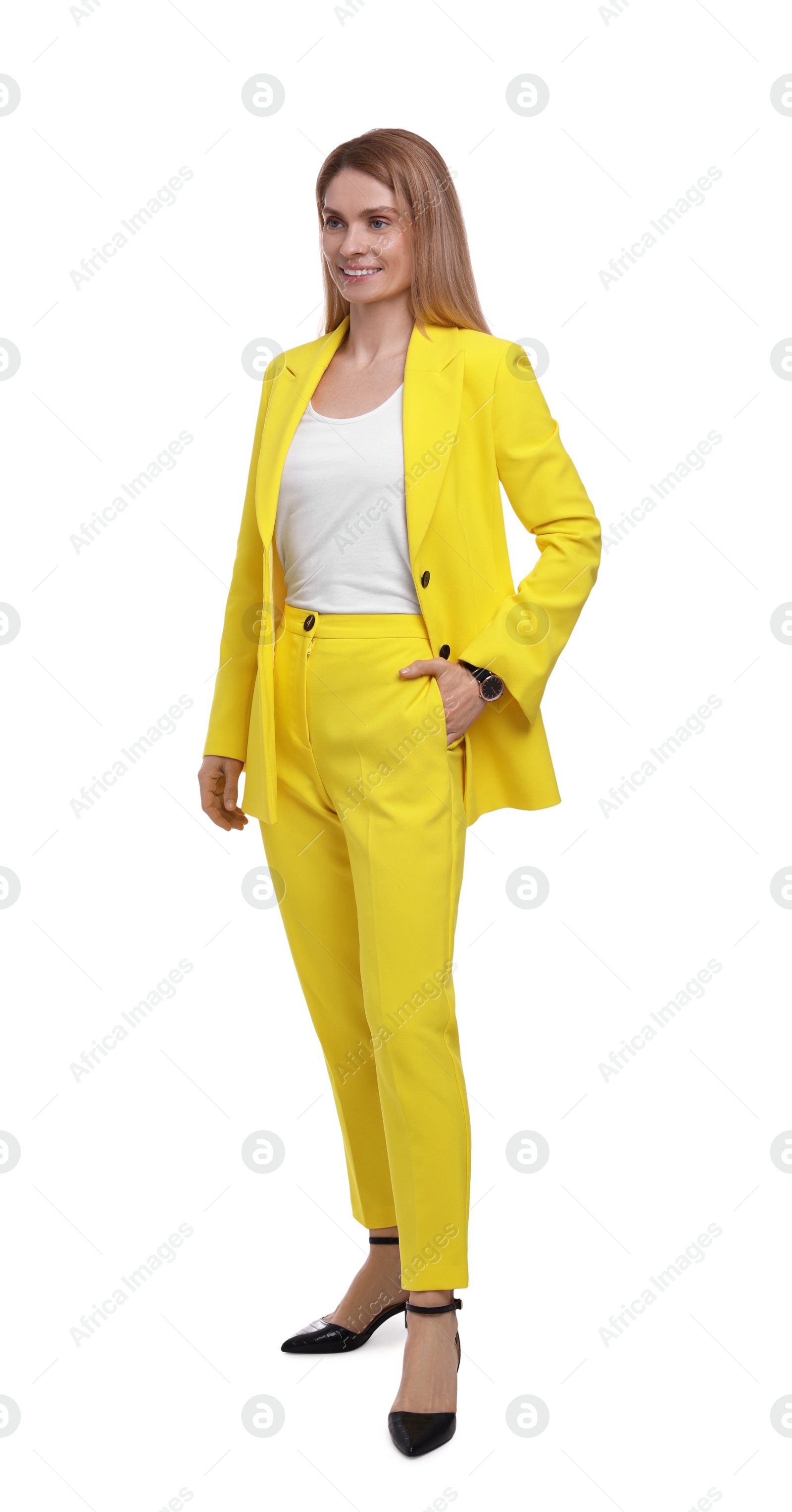 Photo of Beautiful happy businesswoman posing on white background