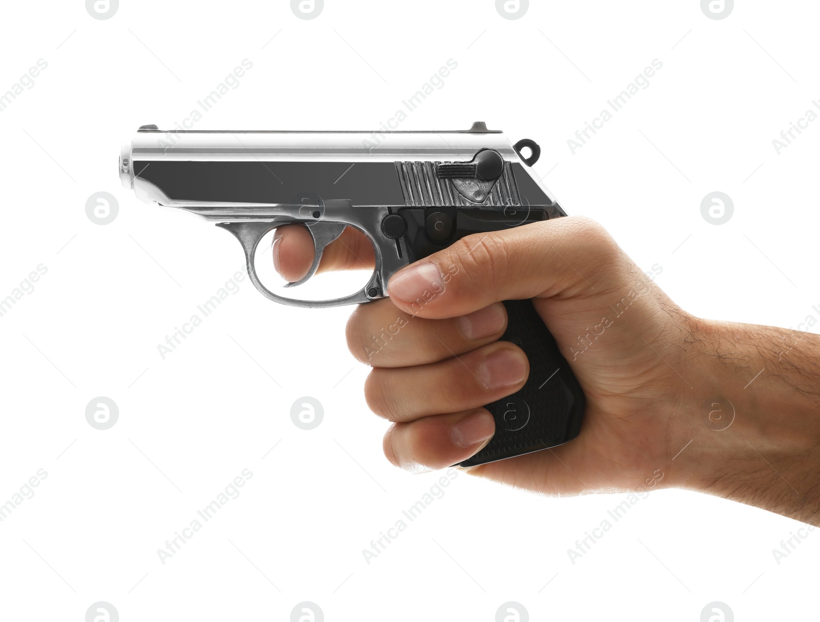 Photo of Professional killer with gun on white background, closeup