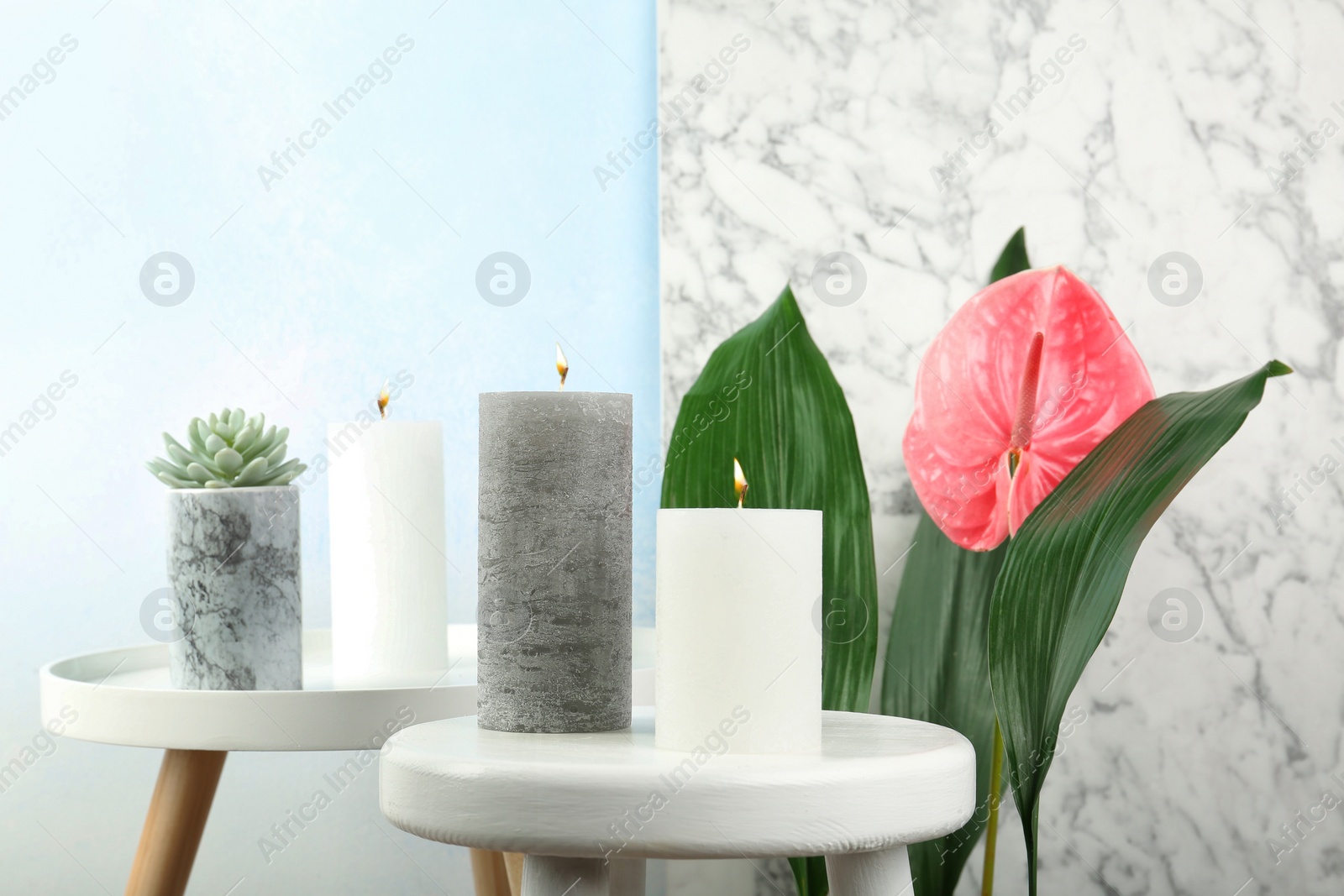 Photo of Creative composition with candles and tropical plants on light background