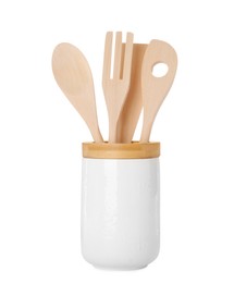 Photo of Set of wooden kitchen utensils in holder isolated on white
