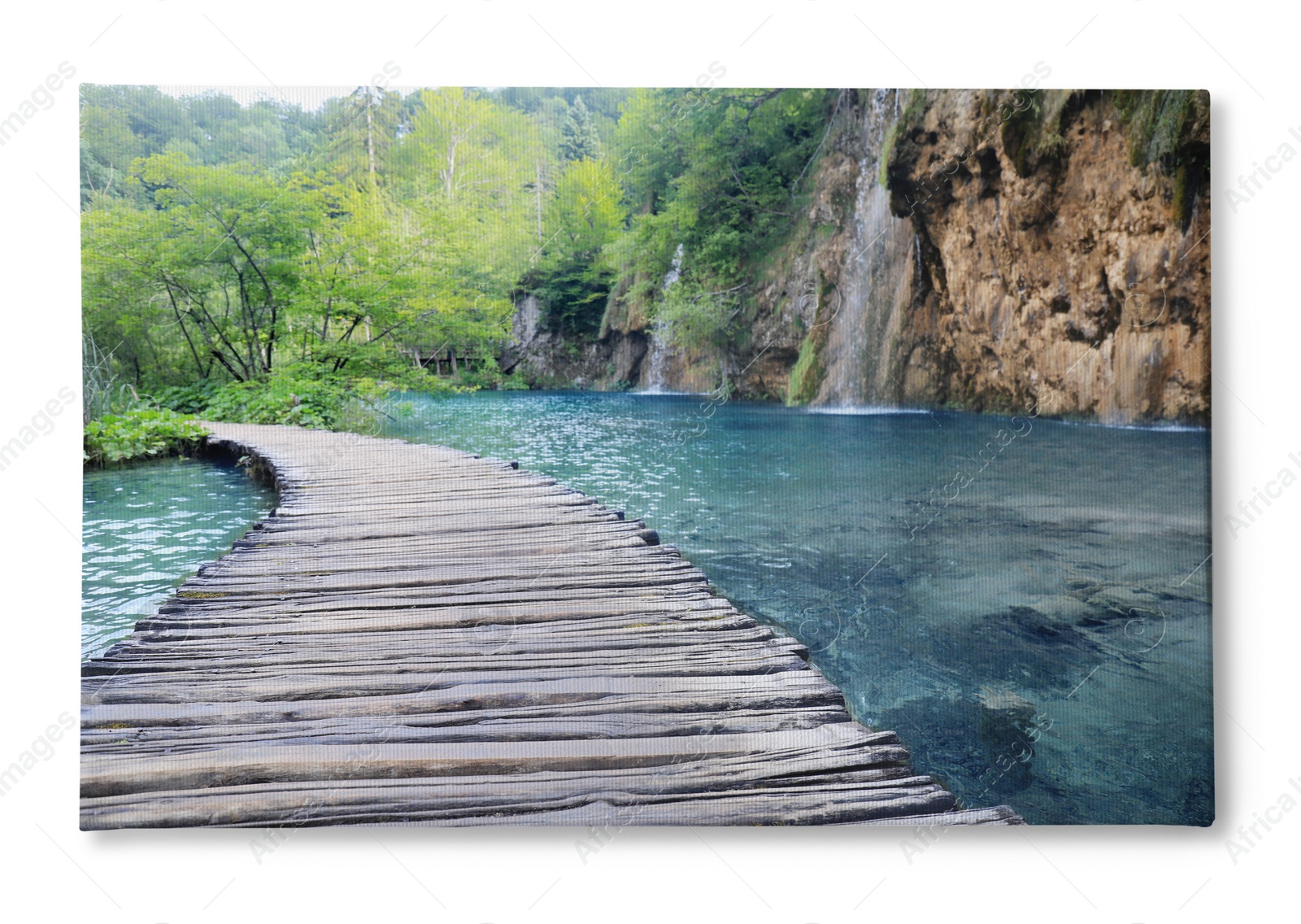 Image of Photo printed on canvas, white background. Wooden bridge over lake and beautiful view of waterfall