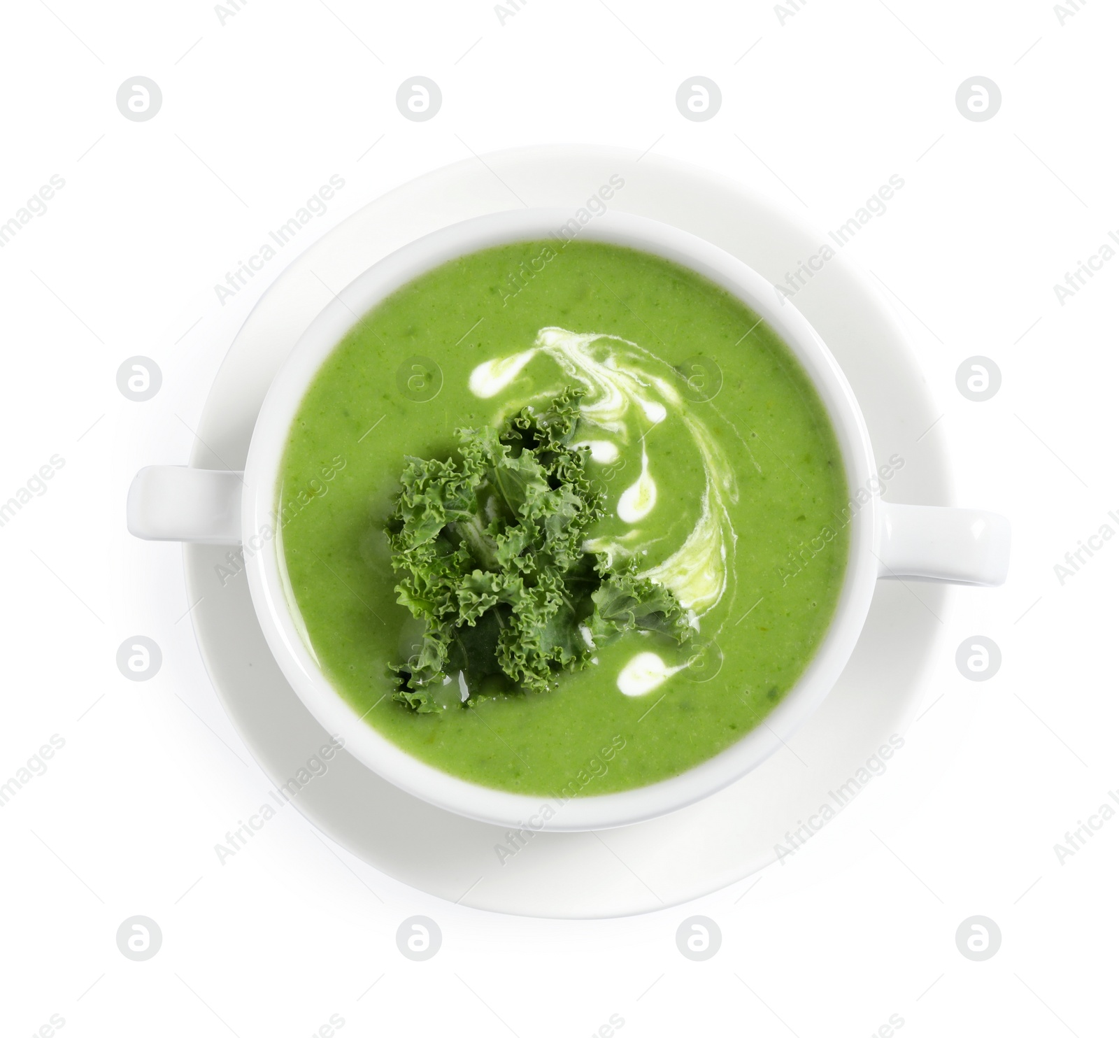 Photo of Tasty kale soup with cream isolated on white, top view