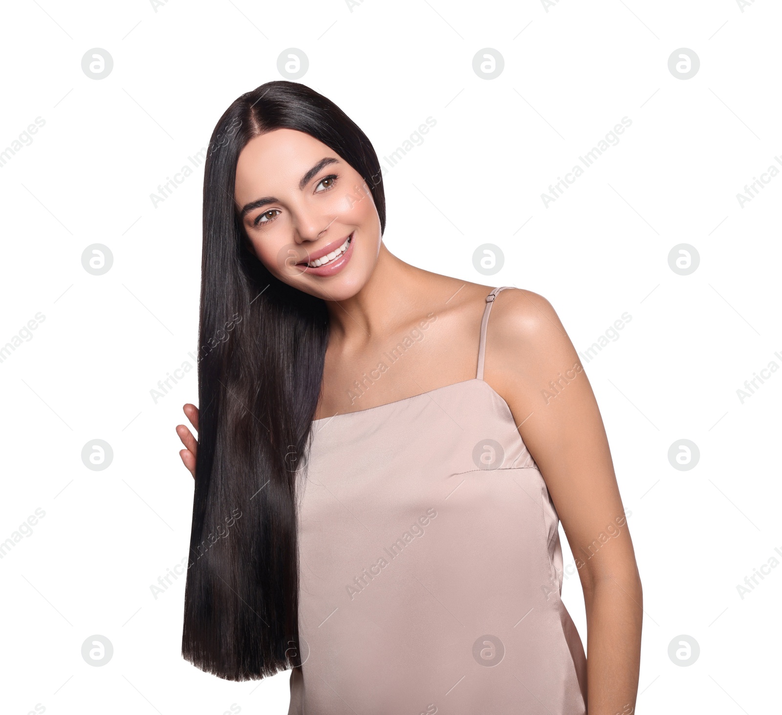 Photo of Portrait of beautiful young woman with healthy strong hair on white background