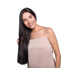 Portrait of beautiful young woman with healthy strong hair on white background